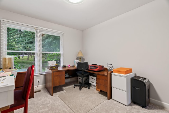 office area featuring light carpet