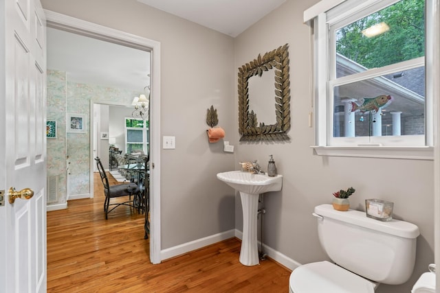 bathroom featuring toilet, an inviting chandelier, and hardwood / wood-style flooring