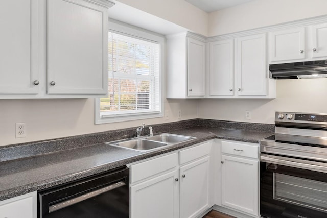 kitchen with black dishwasher, white cabinetry, stainless steel range with electric stovetop, and sink