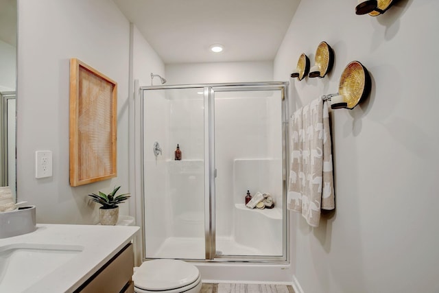 bathroom with vanity, toilet, and a shower with door