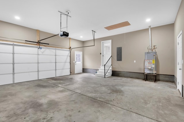 garage with electric panel, a garage door opener, and water heater