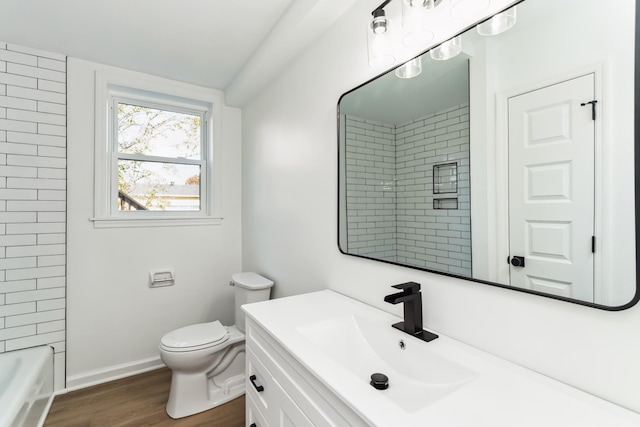 bathroom with vanity, hardwood / wood-style flooring, and toilet