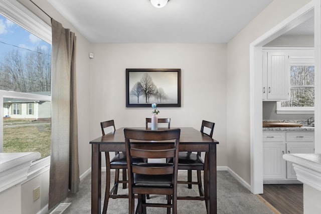 carpeted dining space with a wealth of natural light