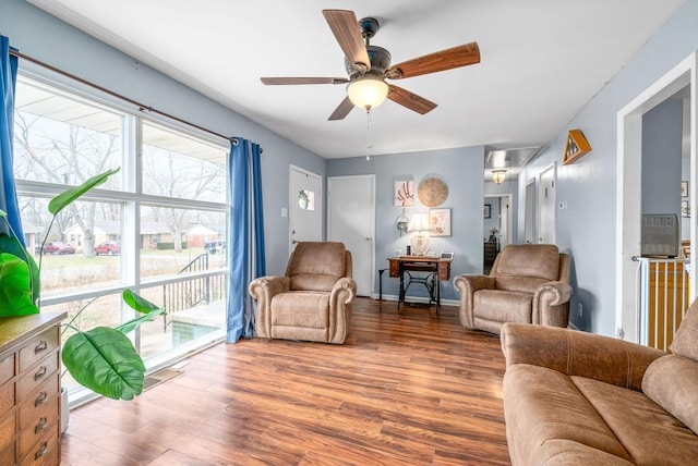 living room with wood-type flooring and ceiling fan