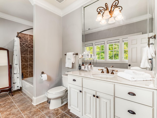 full bathroom with vanity, crown molding, toilet, shower / tub combo, and a chandelier