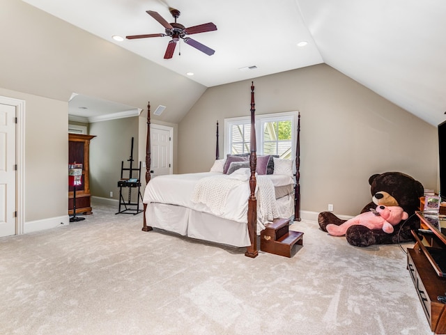 carpeted bedroom featuring ceiling fan and lofted ceiling