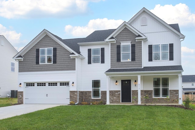 craftsman-style home with central AC, a garage, and a front lawn