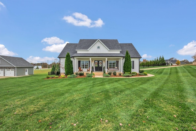 view of front of house featuring covered porch and a front lawn