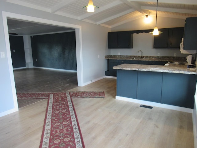 kitchen featuring sink, hanging light fixtures, vaulted ceiling with beams, kitchen peninsula, and light wood-type flooring