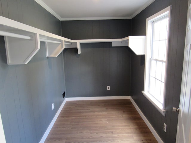 laundry area with crown molding and wood-type flooring