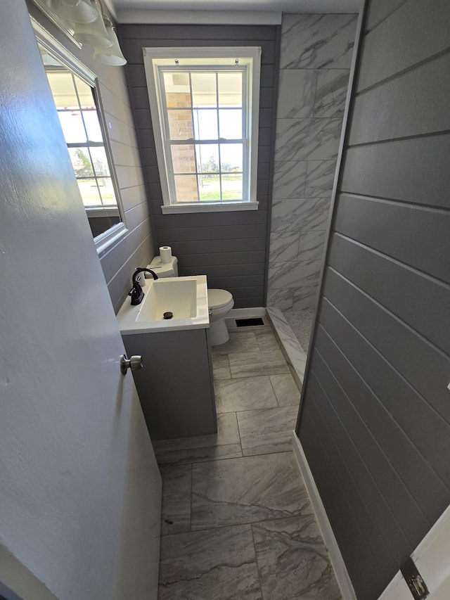 bathroom with toilet, vanity, and walk in shower