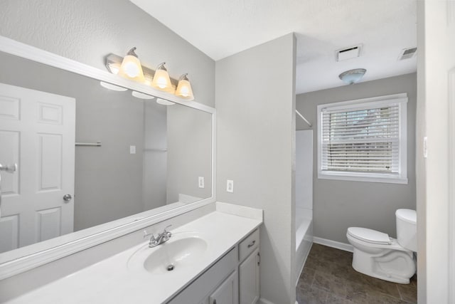 full bathroom featuring shower / washtub combination, vanity, and toilet