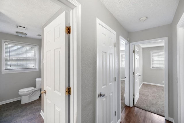 corridor with a wealth of natural light, dark hardwood / wood-style floors, and a textured ceiling