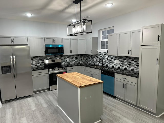 kitchen with gray cabinetry, sink, a kitchen island, and stainless steel appliances