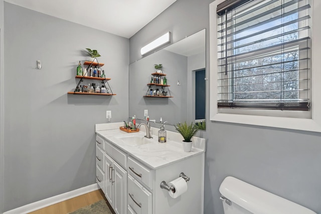 bathroom featuring vanity, hardwood / wood-style flooring, and toilet