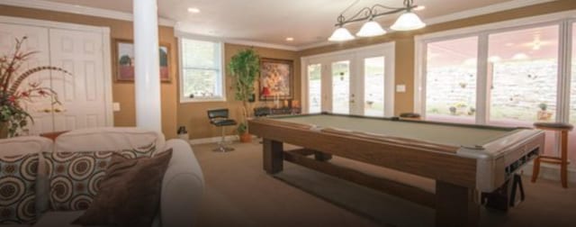 rec room featuring french doors, plenty of natural light, and pool table