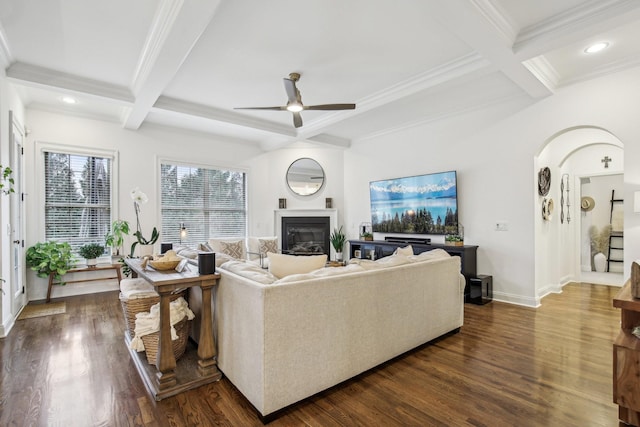 living room with beam ceiling, ceiling fan, and dark wood-type flooring