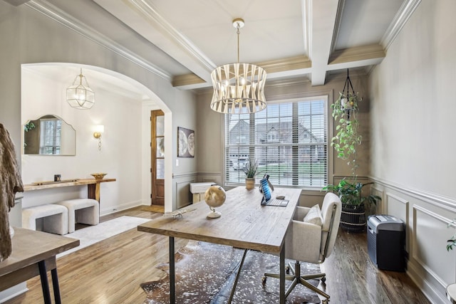 home office with hardwood / wood-style floors, coffered ceiling, crown molding, beam ceiling, and a chandelier