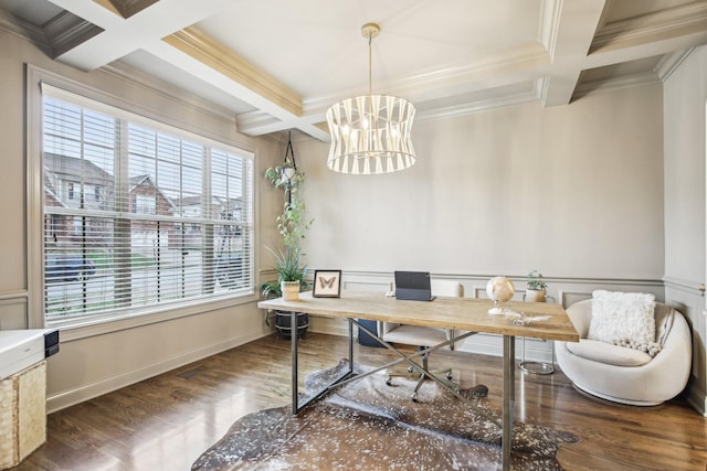 office with beam ceiling, crown molding, a chandelier, and coffered ceiling