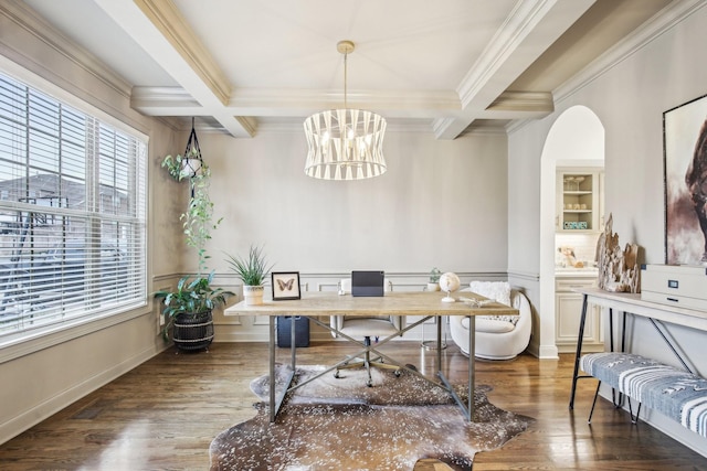 office space with beamed ceiling, an inviting chandelier, crown molding, and coffered ceiling