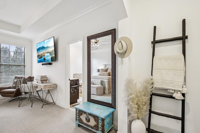 interior space featuring carpet flooring, ceiling fan, and ornamental molding