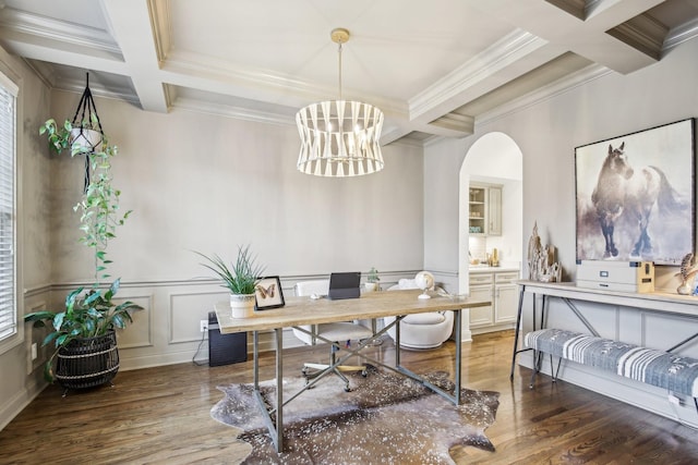 office featuring beam ceiling, ornamental molding, dark wood-type flooring, and coffered ceiling