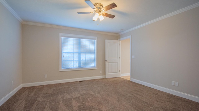 spare room featuring ceiling fan, carpet floors, and ornamental molding