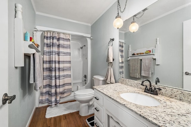 full bathroom with hardwood / wood-style floors, vanity, toilet, and crown molding