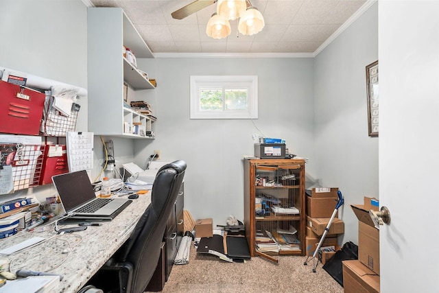 office space with light carpet, ceiling fan, and crown molding