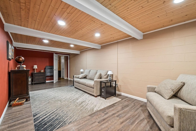 living room with hardwood / wood-style flooring, beam ceiling, and wood ceiling