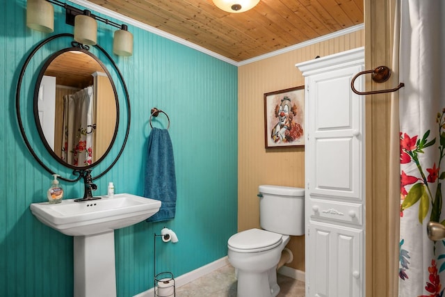 bathroom with crown molding, tile patterned flooring, wood ceiling, and toilet