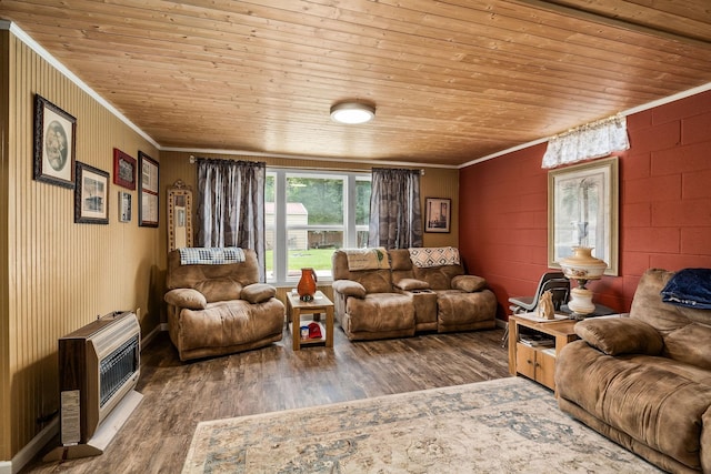 living room with heating unit, ornamental molding, wooden ceiling, and hardwood / wood-style flooring