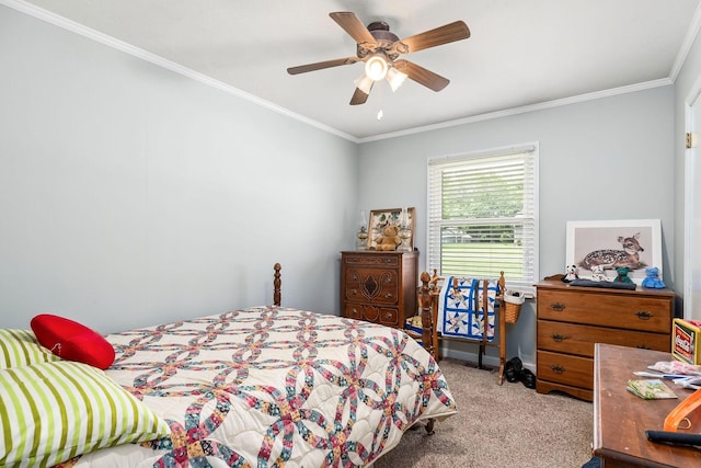 bedroom with carpet floors, ceiling fan, and crown molding