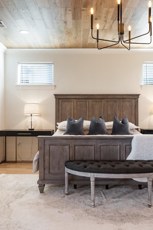 bedroom with light hardwood / wood-style flooring and wood ceiling