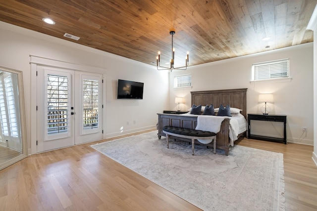 bedroom featuring french doors, light wood-type flooring, access to outside, and wooden ceiling