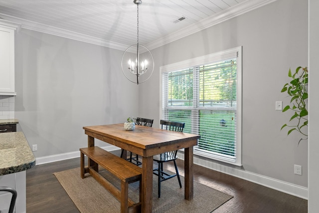 dining room featuring a chandelier, dark hardwood / wood-style flooring, crown molding, and wood ceiling