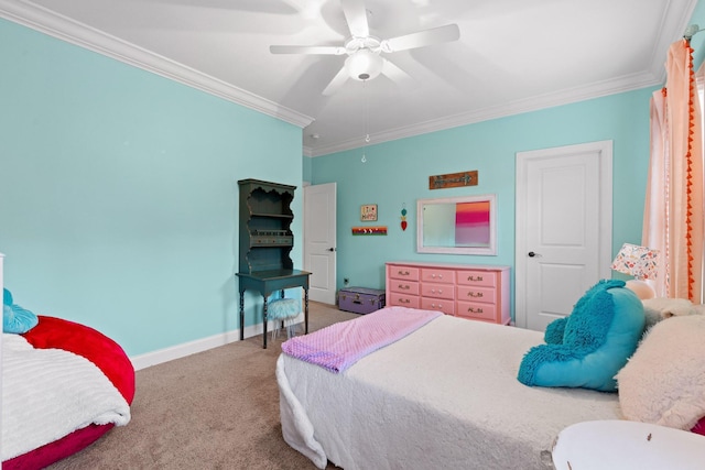 bedroom with ceiling fan, crown molding, and light colored carpet