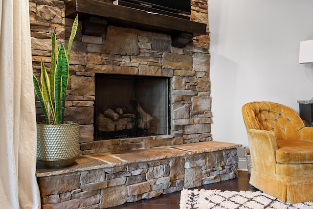 details featuring hardwood / wood-style floors and a fireplace