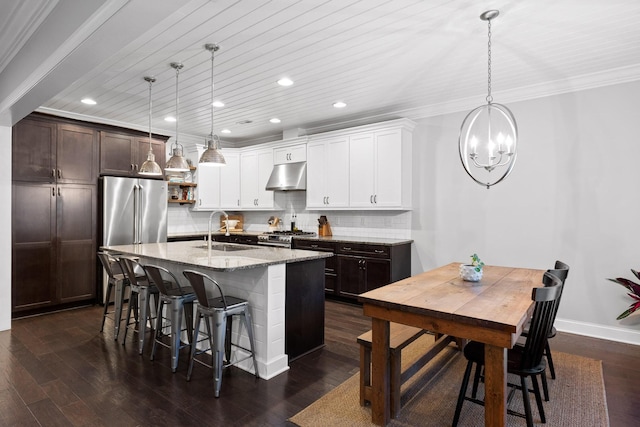 kitchen featuring pendant lighting, sink, dark hardwood / wood-style floors, decorative backsplash, and an island with sink