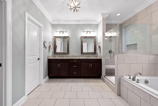 bathroom featuring tile patterned floors, vanity, crown molding, and plus walk in shower