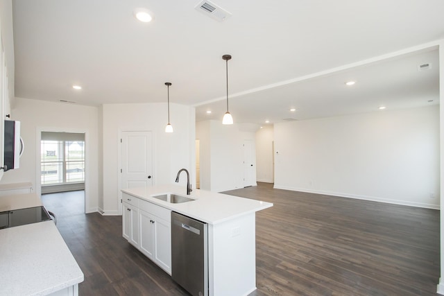 kitchen with decorative light fixtures, white cabinetry, an island with sink, sink, and stainless steel dishwasher