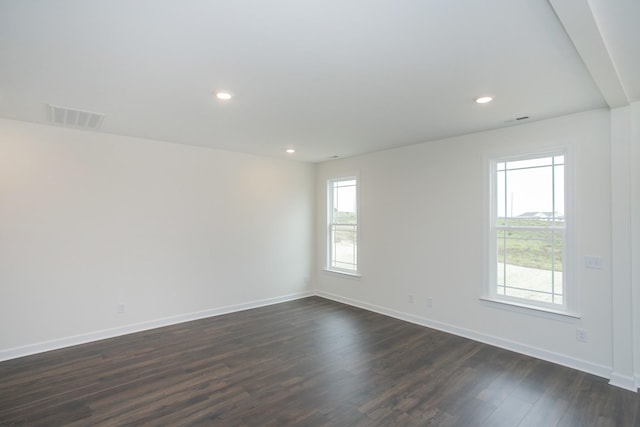 spare room with dark wood-type flooring and plenty of natural light