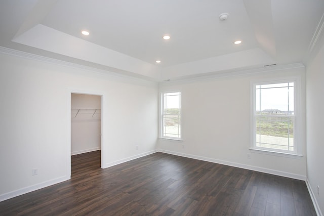 spare room with crown molding, dark hardwood / wood-style floors, and a tray ceiling