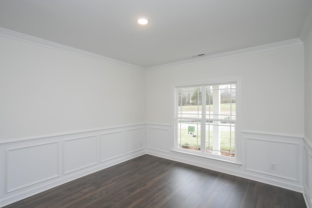 unfurnished room with dark wood-type flooring and ornamental molding