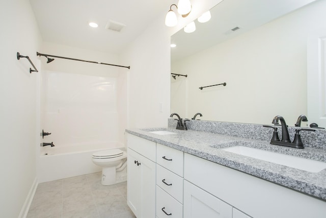 full bathroom featuring vanity, tile patterned flooring, shower / tub combination, and toilet