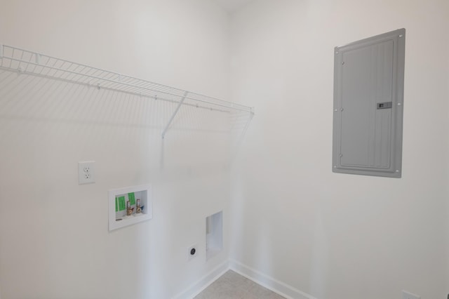 laundry room featuring washer hookup, electric dryer hookup, light tile patterned floors, and electric panel