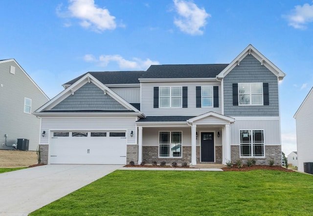 craftsman-style house with central AC, a front lawn, and a garage