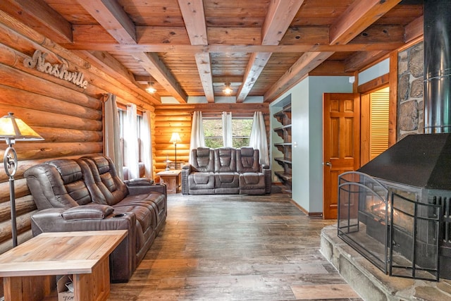 living room with beamed ceiling, log walls, dark hardwood / wood-style floors, and wood ceiling