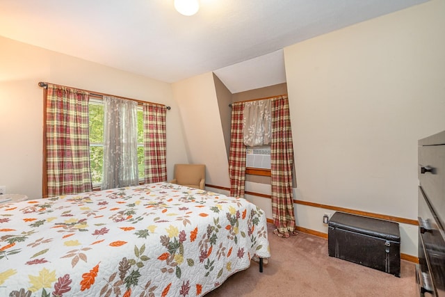 bedroom with light colored carpet