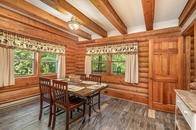 dining space with beam ceiling, a wealth of natural light, dark hardwood / wood-style flooring, and log walls